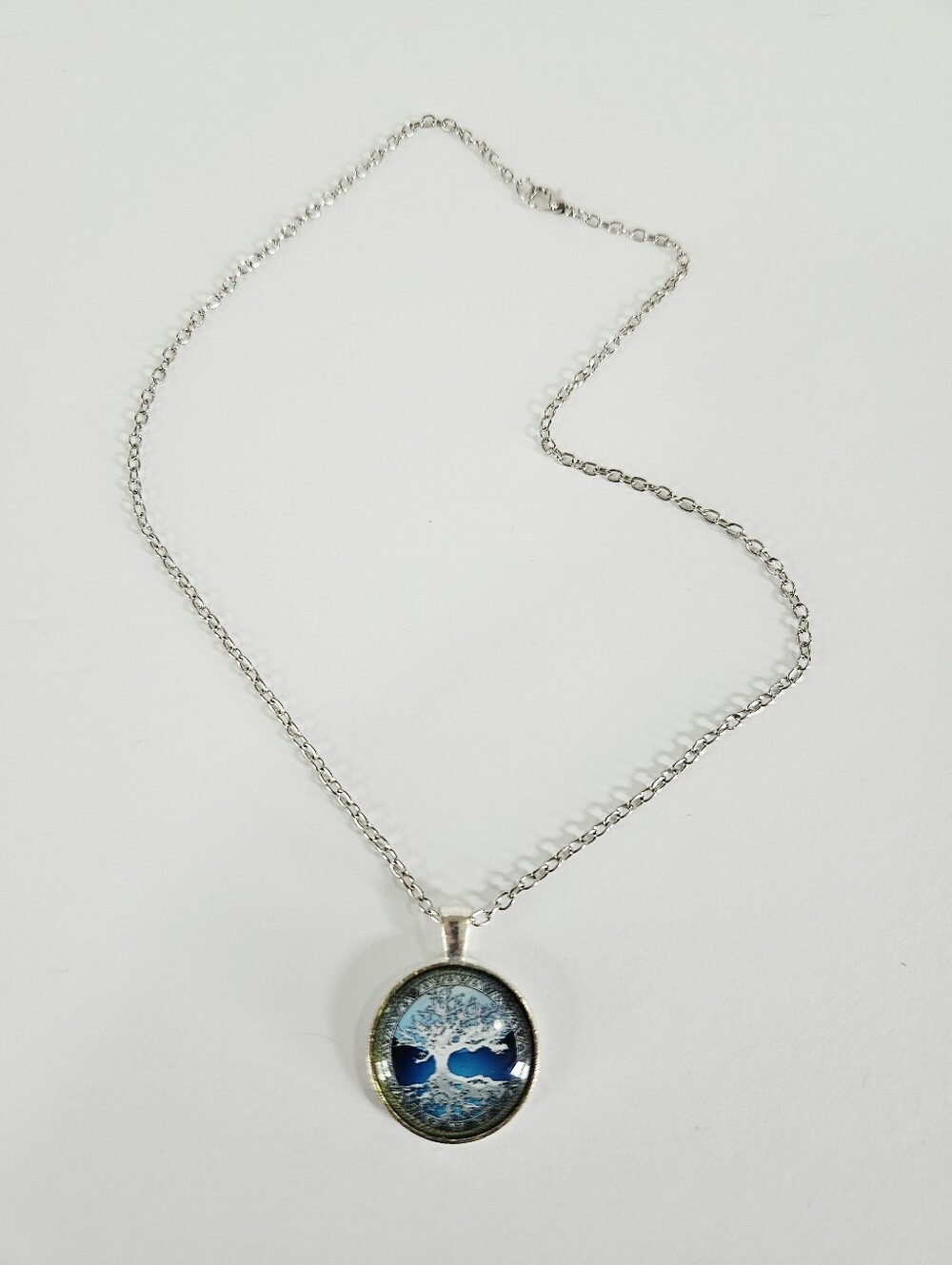Tree Of Life Celtic Blue Domed Glass Round Cabochon Silver Tone Pendant Necklace - Picture 6 of 11